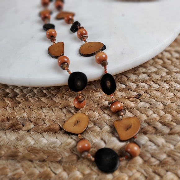 Vintage Boho long petrified chunky wood bead slice necklace - Picture 4 of 14